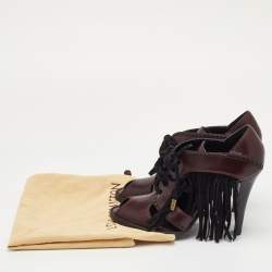 مملوكة مسبقًا Louis Vuitton Size 37.5 Brown/Black Leather and Suede Fringe Lace Up Peep Toe Sandals