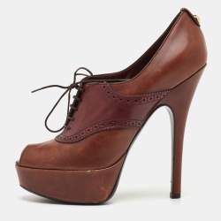 Pre Owned Louis Vuitton Size 38.5 Brown Leather Platform Lace Up Oxford Pumps