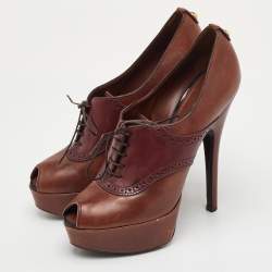 Pre Owned Louis Vuitton Size 38.5 Brown Leather Platform Lace Up Oxford Pumps