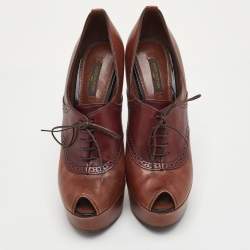 Pre Owned Louis Vuitton Size 38.5 Brown Leather Platform Lace Up Oxford Pumps
