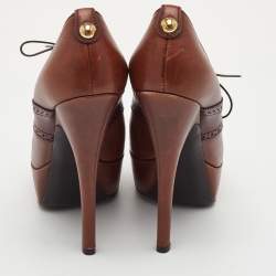Pre Owned Louis Vuitton Size 38.5 Brown Leather Platform Lace Up Oxford Pumps