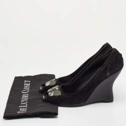 Pre Owned Louis Vuitton Size 39.5 Black Suede Butterfly Peep Toe Wedge Pumps