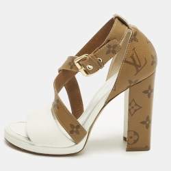 Pre Owned Louis Vuitton Matchmake Size 35 White/Brown Monogram Canvas and Leather Ankle Strap Sandals