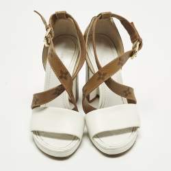 Pre Owned Louis Vuitton Matchmake Size 35 White/Brown Monogram Canvas and Leather Ankle Strap Sandals