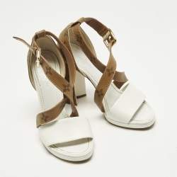Pre Owned Louis Vuitton Matchmake Size 35 White/Brown Monogram Canvas and Leather Ankle Strap Sandals