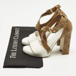 Pre Owned Louis Vuitton Matchmake Size 35 White/Brown Monogram Canvas and Leather Ankle Strap Sandals