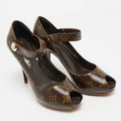 مملوكة مسبقًا حذاء كعب عالي لوي فيتون قماش مونوغرام بني ريتوال مقدمة مفتوحة مقاس 37.5