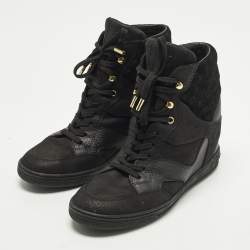 Pre Owned Louis Vuitton Cliff Size 38.5 Black Monogram Suede and Leather High Top Sneakers