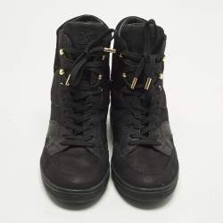 Pre Owned Louis Vuitton Cliff Size 38.5 Black Monogram Suede and Leather High Top Sneakers