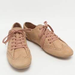 Pre Owned Louis Vuitton Size 40 Beige Nubuck Leather Brogue Low Top Sneakers
