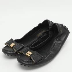 Pre Owned Louis Vuitton Bow Size 34.5 Black Leather Scrunch Ballet Flats