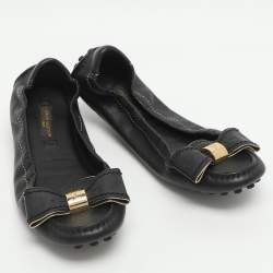 Pre Owned Louis Vuitton Bow Size 34.5 Black Leather Scrunch Ballet Flats