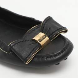 Pre Owned Louis Vuitton Bow Size 34.5 Black Leather Scrunch Ballet Flats