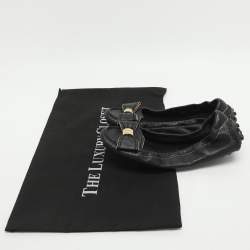 Pre Owned Louis Vuitton Bow Size 34.5 Black Leather Scrunch Ballet Flats