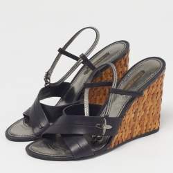 Pre Owned صندل لويس فيتون أسود جلدي بأشرطة ووتية وحيد بلور مقاس 38.5