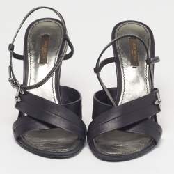 Pre Owned صندل لويس فيتون أسود جلدي بأشرطة ووتية وحيد بلور مقاس 38.5