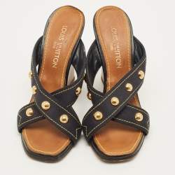 Pre Owned Louis Vuitton Size 39.5 Navy Blue Studded Canvas Cross Strap Wedge Sandals