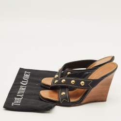 Pre Owned Louis Vuitton Size 39.5 Navy Blue Studded Canvas Cross Strap Wedge Sandals