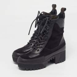 Pre Owned Louis Vuitton Laureate Size 37.5 Black/Brown Monogram Leather and Suede Combat Boots