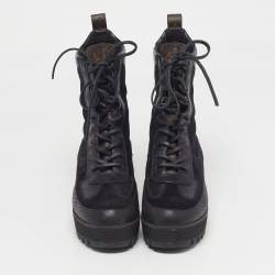 Pre Owned Louis Vuitton Laureate Size 37.5 Black/Brown Monogram Leather and Suede Combat Boots
