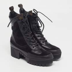 Pre Owned Louis Vuitton Laureate Size 37.5 Black/Brown Monogram Leather and Suede Combat Boots