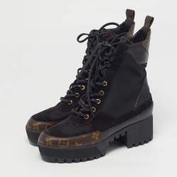 مملوكة مسبقًا حذاء بوت للكاحل لوي فيتون ديسيرت لوريت جلد وكانفاس مونوغرامي أسود/بني نعل سميك مقاس 37.5