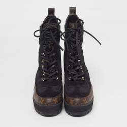 مملوكة مسبقًا حذاء بوت للكاحل لوي فيتون ديسيرت لوريت جلد وكانفاس مونوغرامي أسود/بني نعل سميك مقاس 37.5