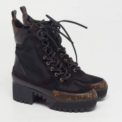 مملوكة مسبقًا حذاء بوت للكاحل لوي فيتون ديسيرت لوريت جلد وكانفاس مونوغرامي أسود/بني نعل سميك مقاس 37.5