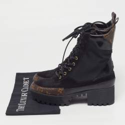 مملوكة مسبقًا حذاء بوت للكاحل لوي فيتون ديسيرت لوريت جلد وكانفاس مونوغرامي أسود/بني نعل سميك مقاس 37.5