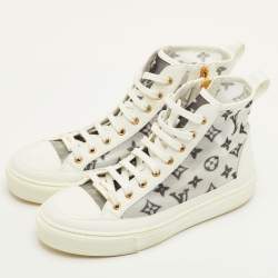 Pre Owned Louis Vuitton Stellar Size 37.5 White Leather and Monogram Mesh High Top Sneakers