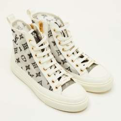 Pre Owned Louis Vuitton Stellar Size 37.5 White Leather and Monogram Mesh High Top Sneakers