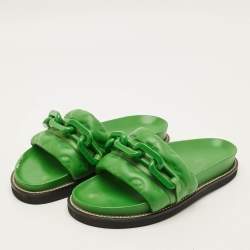 Pre Owned Louis Vuitton Sunset Size 40 Green Leather Flat Sandals