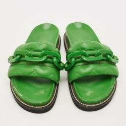 Pre Owned Louis Vuitton Sunset Size 40 Green Leather Flat Sandals