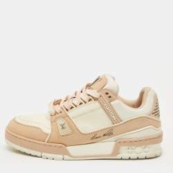 Pre Owned Louis Vuitton LV Trainer Size 37.5 Cream Pink/White Leather and Nubuck Leather Low Top Sneakers