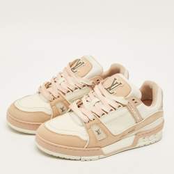 Pre Owned Louis Vuitton LV Trainer Size 37.5 Cream Pink/White Leather and Nubuck Leather Low Top Sneakers