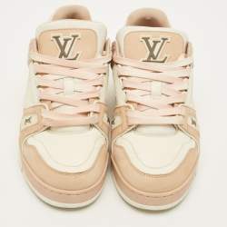 Pre Owned Louis Vuitton LV Trainer Size 37.5 Cream Pink/White Leather and Nubuck Leather Low Top Sneakers