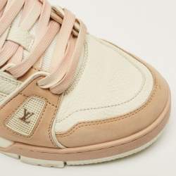 Pre Owned Louis Vuitton LV Trainer Size 37.5 Cream Pink/White Leather and Nubuck Leather Low Top Sneakers