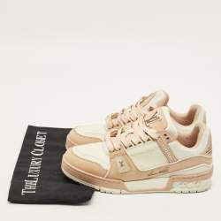 Pre Owned Louis Vuitton LV Trainer Size 37.5 Cream Pink/White Leather and Nubuck Leather Low Top Sneakers