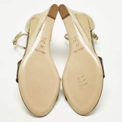 Pre Owned Louis Vuitton Size 39 Gold Coated Canvas and Patent Leather Ankle Strap Wedge Sandals
