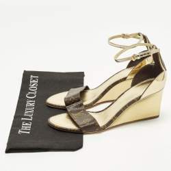Pre Owned Louis Vuitton Size 39 Gold Coated Canvas and Patent Leather Ankle Strap Wedge Sandals