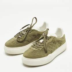 Pre Owned Louis Vuitton Groovy Size 39 Green Monogram Suede Low Top Platform Sneakers