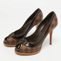 Pre Owned Louis Vuitton Palm Beach Size 37 Brown Monogram Coated Canvas and Patent Leather Peep Toe Pumps