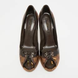 Pre Owned Louis Vuitton Palm Beach Size 37 Brown Monogram Coated Canvas and Patent Leather Peep Toe Pumps