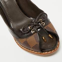 Pre Owned Louis Vuitton Palm Beach Size 37 Brown Monogram Coated Canvas and Patent Leather Peep Toe Pumps