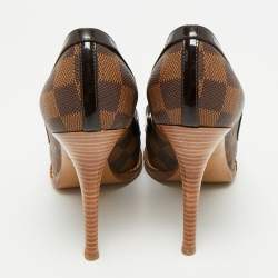 Pre Owned Louis Vuitton Palm Beach Size 37 Brown Monogram Coated Canvas and Patent Leather Peep Toe Pumps