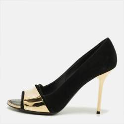 Pre Owned Louis Vuitton Size 38 Black/Gold Suede Gold Plate Peep Toe Pumps 
