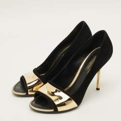 Pre Owned Louis Vuitton Size 38 Black/Gold Suede Gold Plate Peep Toe Pumps 