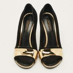 Pre Owned Louis Vuitton Size 38 Black/Gold Suede Gold Plate Peep Toe Pumps 