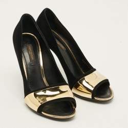 Pre Owned Louis Vuitton Size 38 Black/Gold Suede Gold Plate Peep Toe Pumps 