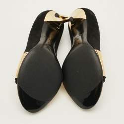 Pre Owned Louis Vuitton Size 38 Black/Gold Suede Gold Plate Peep Toe Pumps 